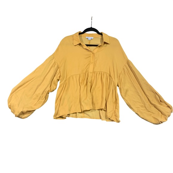 HYFVE Tops - HYFVE Mustard Yellow Balloon Sleeve Button Front Babydoll Top Womens L Pirate